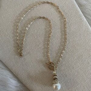 Gold Pearl Drop Pendant Necklace high quality plated costume toggle accent